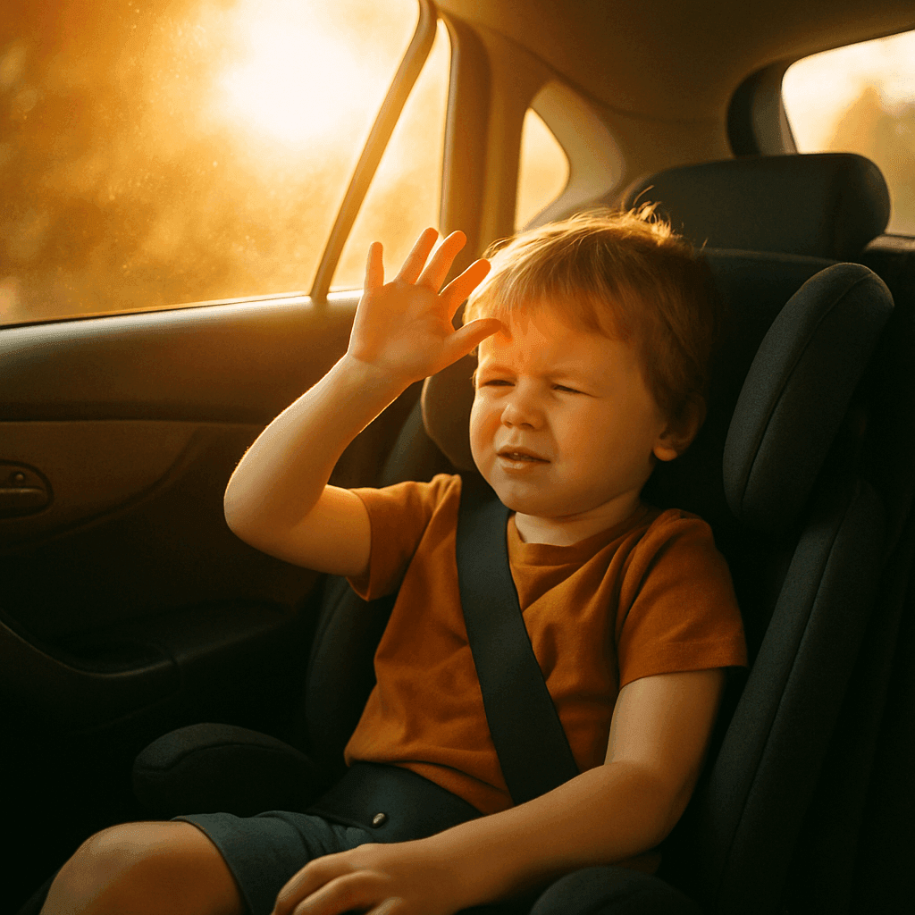 Child squints and raises hand against bright sunlight while sitting in a car seat.